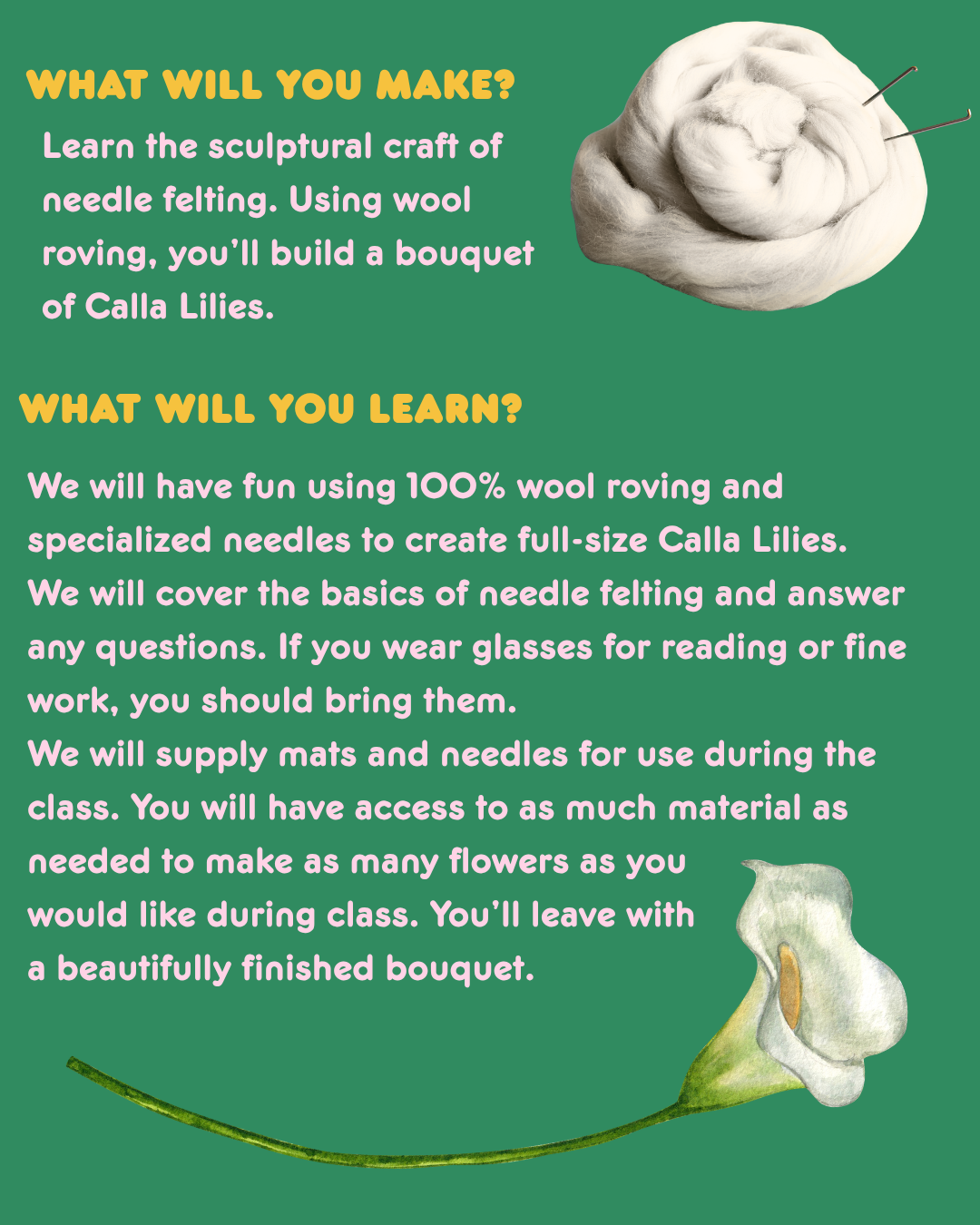 Needle Felted Calla Lilly Bouquet with Kim Lohr, 5.27.26, 6:30-8:30 PM